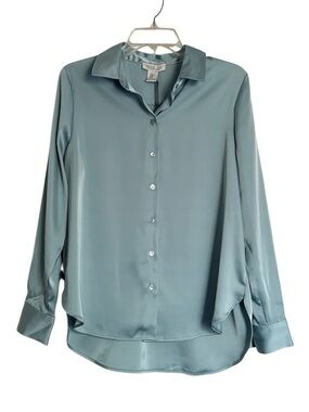 Rachel Zoe Long-Sleeve Satin Button-Up Collared Blouse NWT